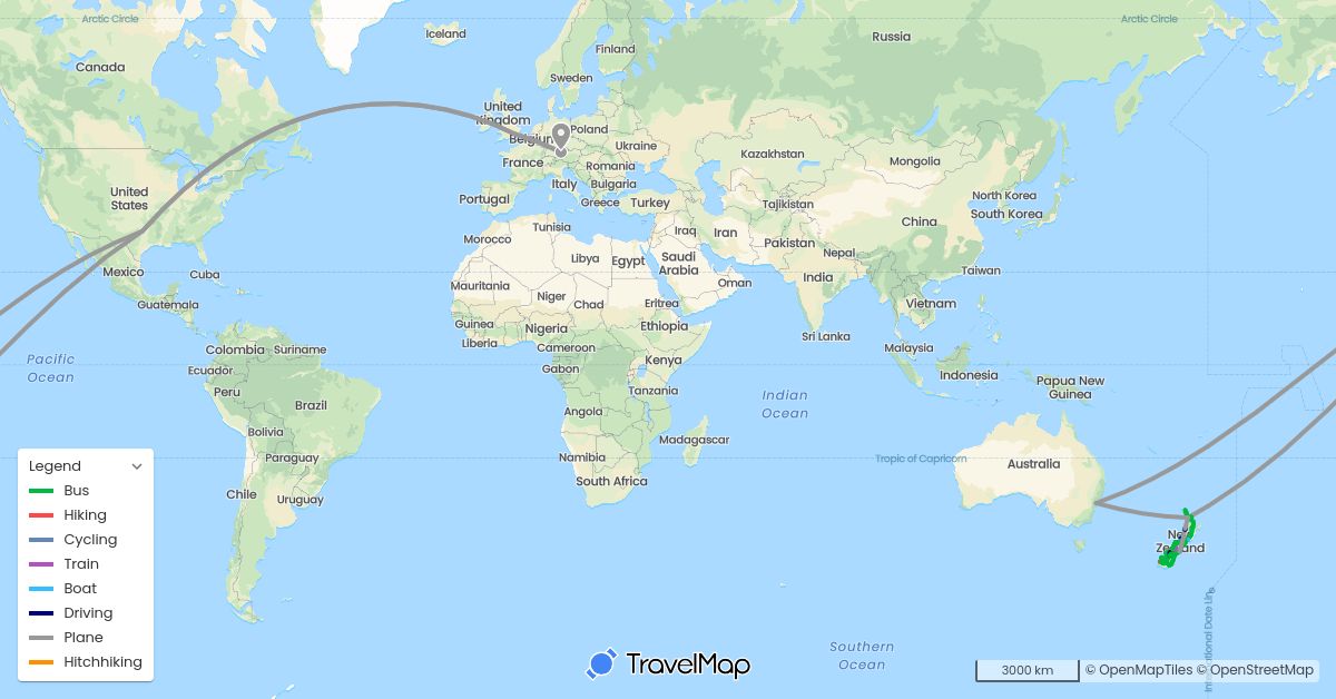 TravelMap itinerary: driving, bus, plane, cycling, train, hiking, boat, hitchhiking in Australia, Germany, United Kingdom, New Zealand, United States (Europe, North America, Oceania)
